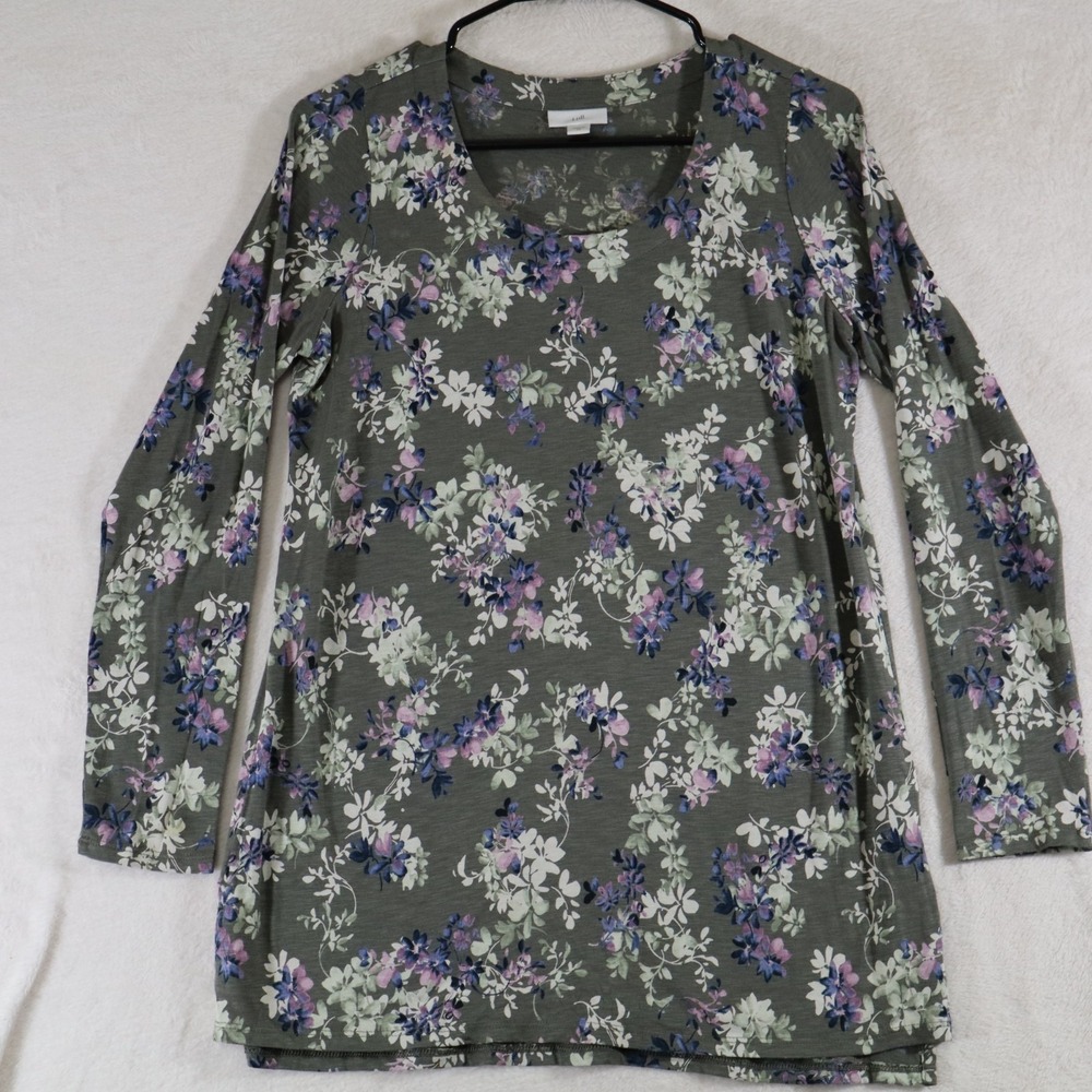 J.Jill Women's XS Floral 3/4 Sleeve Top – Green Scoop Neck Soft Knit Blouse
